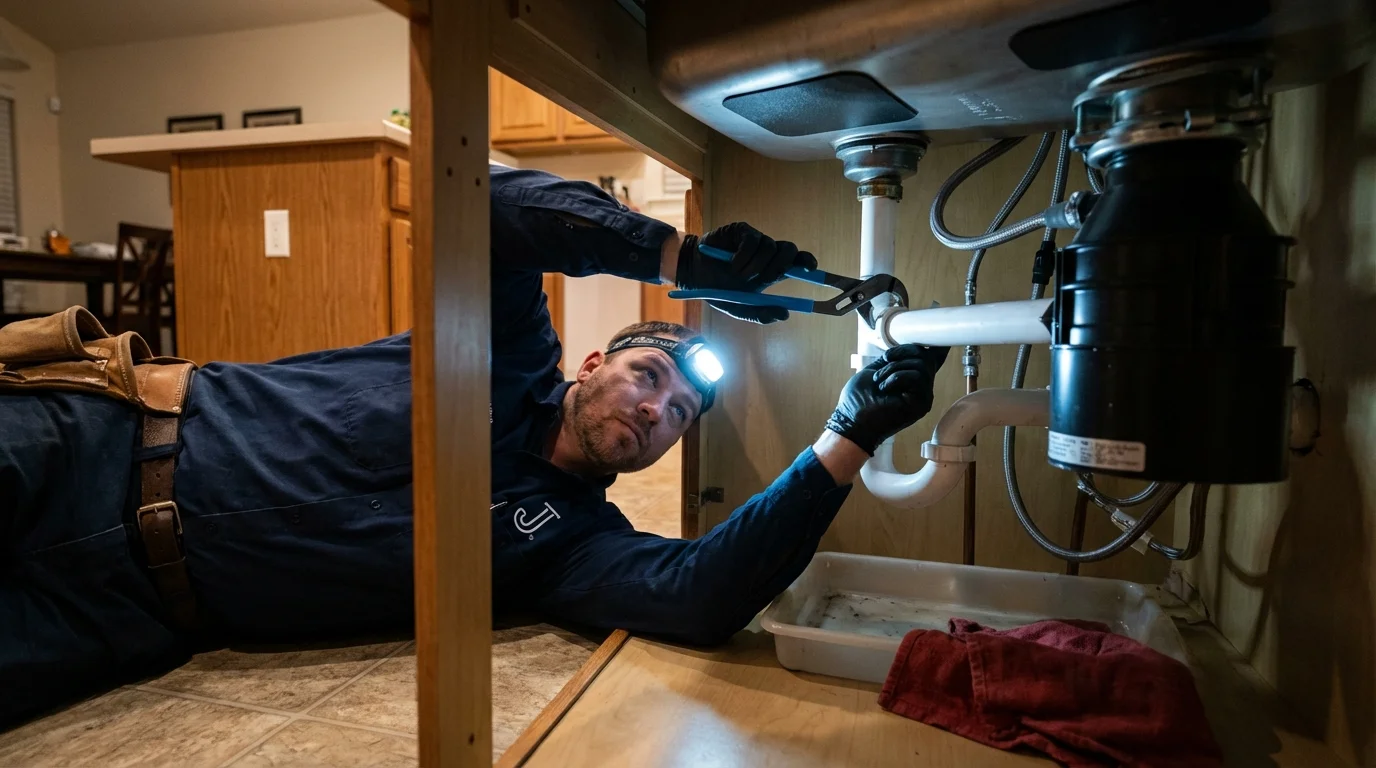 P-trap and supply line connections under a kitchen sink showing a common leak point in Taylorsville, MS